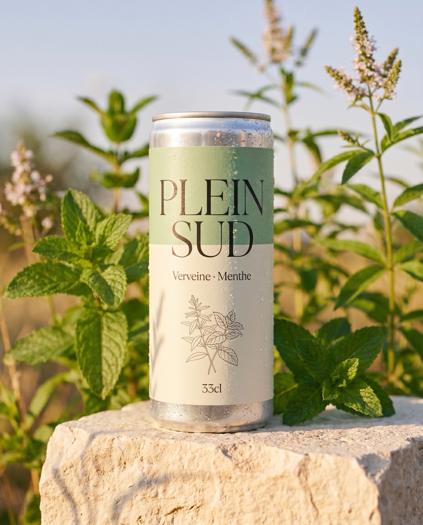 Canette Plein Sud Verveine Menthe dans un jardin de menthe