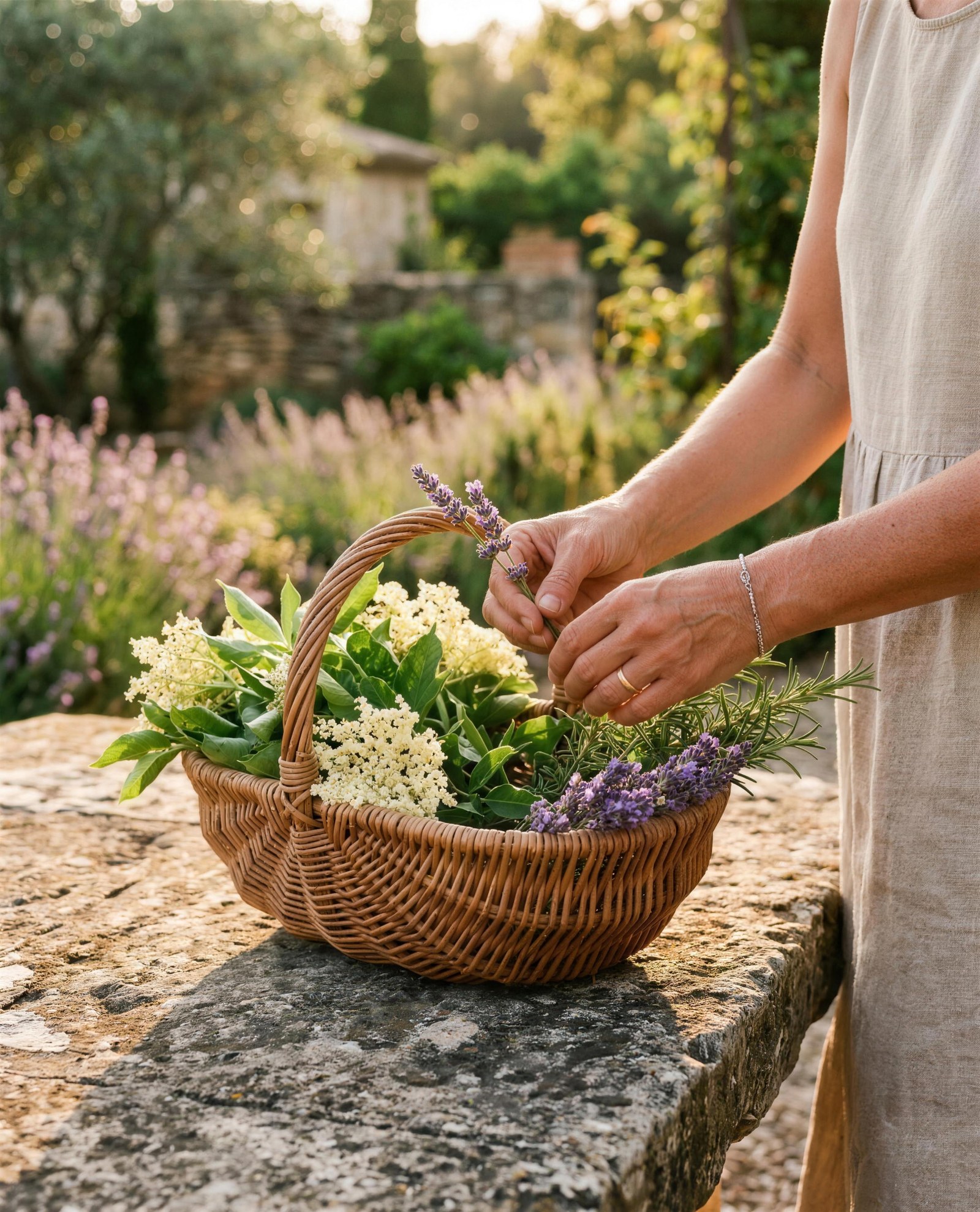 Cueillette de fleurs de sureau, lavande et romarin en Provence